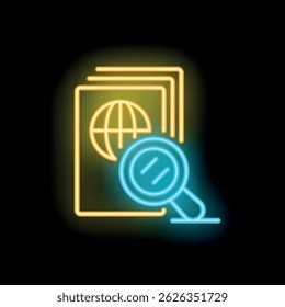 Neon icon representing the concept of exploring international travel opportunities with passports and a magnifying glass