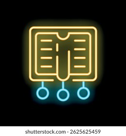 Neon icon representing the concept of online library with an open book and three empty circles hanging from it