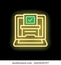 Icono de neón que representa el concepto de votación en línea, con una computadora portátil con una urna y una marca de verificación