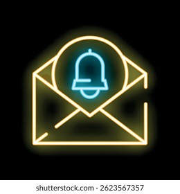 Neon icon representing an email envelope with a notification bell, symbolizing a new message alert