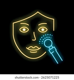 Neon icon representing a face receiving a treatment from a beauty device, perfect for beauty salons and spas