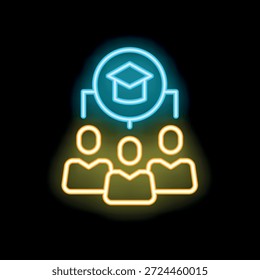 Neon-Symbol, das eine Gruppe von Studenten darstellt, die mit einer Abschlusskappe über ihnen zusammenarbeiten