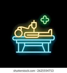 Ícone de néon representando um paciente deitado em uma cama médica, conectado a equipamento médico, com uma cruz verde simbolizando o tratamento de saúde
