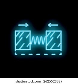 Neon icon representing a scientific concept with two objects interacting at a distance through a force symbolized by a wavy line