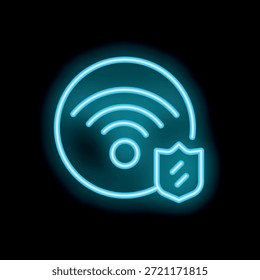 Neon-Symbol, das ein gesichertes WiFi-Signal mit einem Schild darstellt, das Online-Sicherheit und Datenschutz symbolisiert