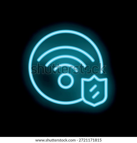 Neon icon representing a secured wifi signal with a shield, symbolizing online security and data protection