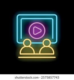 Neon icon representing two people watching a video on a tablet, suitable for entertainment and technology related designs