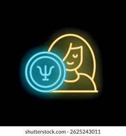 Neon icon representing a woman patient with a psychology symbol, evoking mental health awareness and psychological support