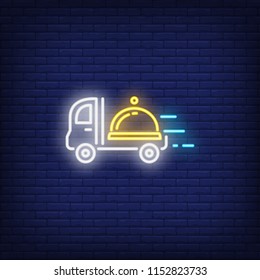 Neon icon of restaurant delivery service. Serving tray on truck in motion on brick wall background. Food delivery concept. Can be used for neon signs, posters, billboards, banners.