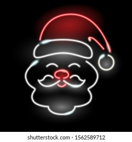 Neon icon of Santa Clause face isolated on black background. Christmas, winter holidais concept. Night neon singboard style. Vector 10 EPS illustration.