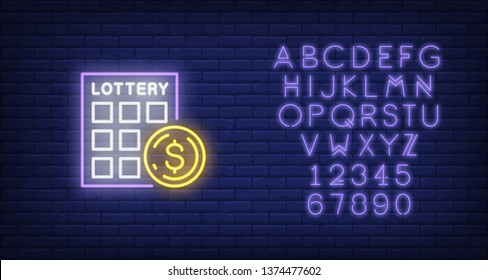 Neon Icon Of Scratch Ticket. Lottery Ticket And Ball With Dollar Symbol On Brick Wall Background. Lotto Playing Concept. Can Be Used For Neon Signs, Posters, Billboards, Banners.