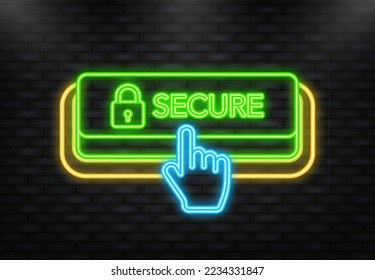 Neonsymbol. Sicherer grüner 3D-Button auf weißem Hintergrund. Vektorgrafik