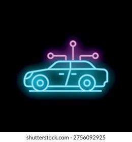 Neon icon of a self driving autonomous driverless car glowing on a dark background