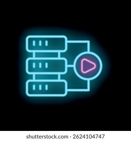 Neon icon of a server playing video content, representing streaming services and online entertainment