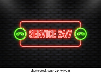Neon Icon. Service 24 7 banner in flat style on white background. Vector illustration