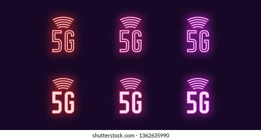 Neon icon set of 5G network mobile technology. Vector illustration of wireless 5G internet connection with high speed data transfer rate. Neon glowing sign, symbol, icon. Red, pink and purple