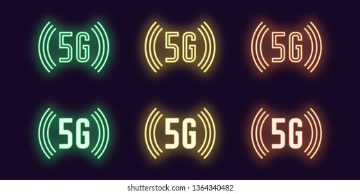 Neon icon set of 5G network mobile technology. Vector illustration of wireless 5G internet connection with high speed waves of data transfer. Neon glowing sign, symbol, icon. Green, yellow and orange