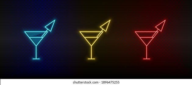 Neon icon set alcohol, cocktail, drink. Set of red, blue, yellow neon vector icon