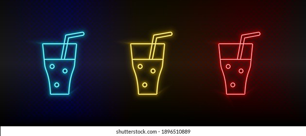 Neon icon set alcohol, cocktail, drink. Set of red, blue, yellow neon vector icon