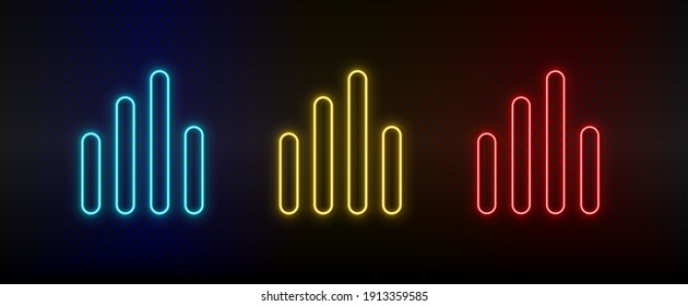 Análisis de conjunto de iconos de neón, gráfico de barras. Icono de vector de neón rojo, azul, amarillo