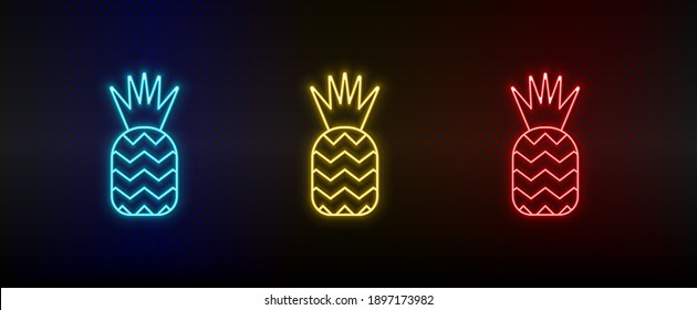 Neon icon set ananas. Set of red, blue, yellow neon vector icon