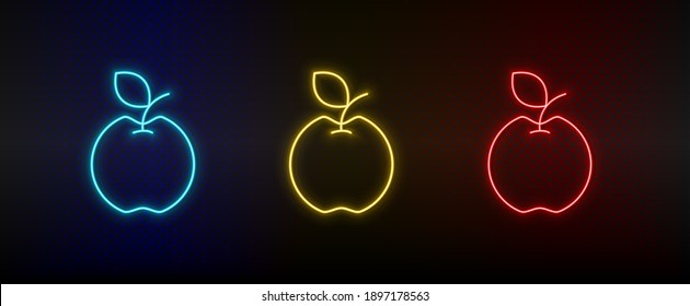 Neon icon set apple. Set of red, blue, yellow neon vector icon