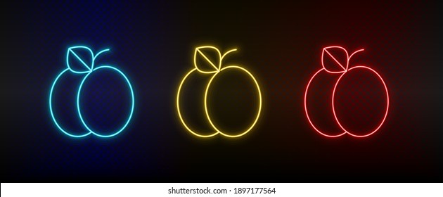 Neon icon set apricot. Set of red, blue, yellow neon vector icon
