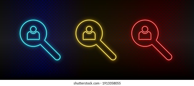 Neon icon set avatar, user, search. Set of red, blue, yellow neon vector icon