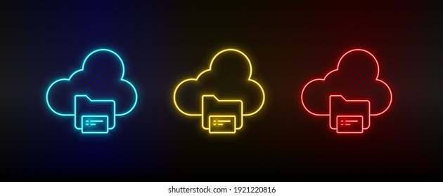 Neon-Symbol setzt "Backup Cloud-Dateien". Satz von rotem, blauem, gelbem NeonVektorsymbol