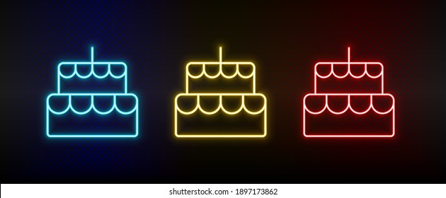 Neon icon set bakery, cake. Set of red, blue, yellow neon vector icon