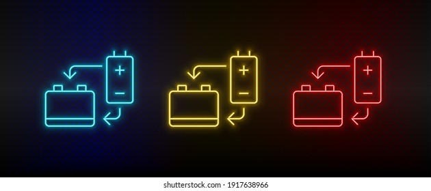 Neon icon set battery, energy, eco. Set of red, blue, yellow neon vector icon