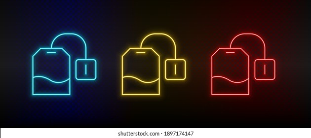 Neon icon set beverages, tea bag. Set of red, blue, yellow neon vector icon