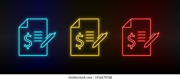 Neon icon set bill, contract. Set of red, blue, yellow neon vector icon