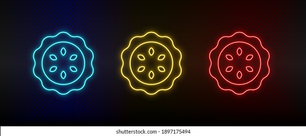 Un icono de neón pone galletas. Icono de vector de neón rojo, azul, amarillo