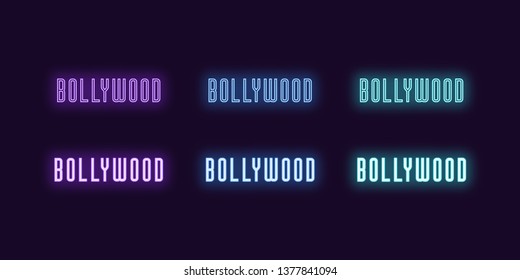 Neon icon set of Bollywood word. Vector illustration of glowing Neon text Bollywood. Isolated digital collection of signs, symbols and Indian Cinema industry. Violet, blue and azure color