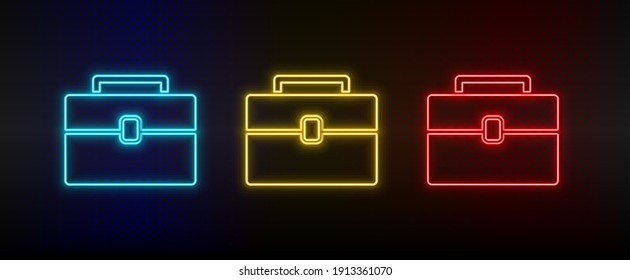 Neon icon set briefcase, bag. Set of red, blue, yellow neon vector icon