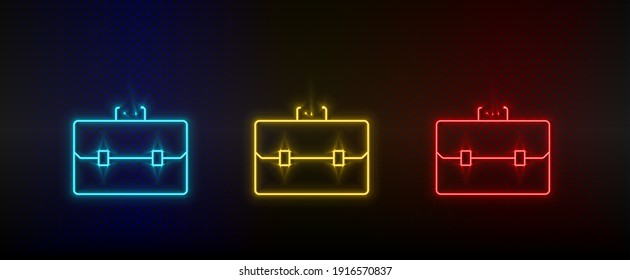 Neon icon set briefcase, portfolio. Set of red, blue, yellow neon vector icon