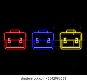Neon icon set briefcase, portfolio. Set of red, blue, yellow neon vector icon.
