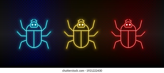 Neon icon set Bug computer. Set of red, blue, yellow neon vector icon
