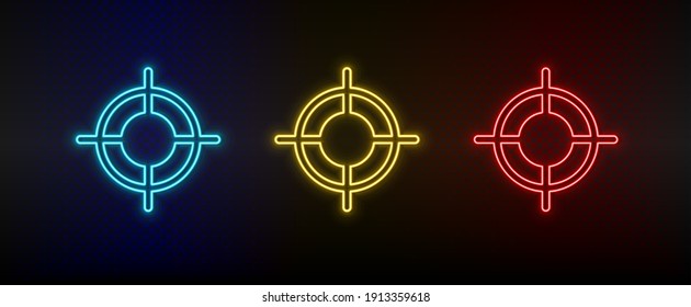 Neon icon set bullseye, dartboard. Set of red, blue, yellow neon vector icon