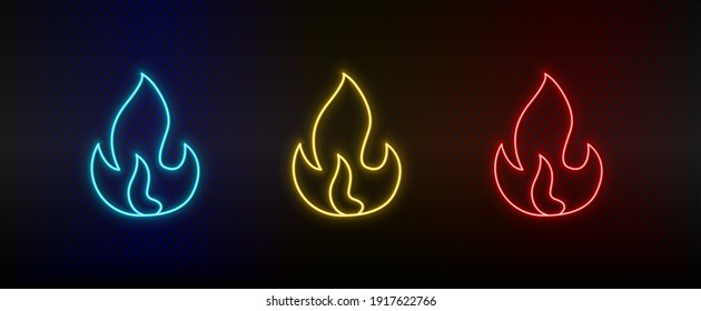 Neon icon set burning, fire. Set of red, blue, yellow neon vector icon