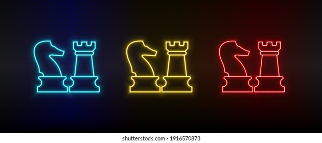 Neon Icon Set Business, Chess. Set Of Red, Blue, Yellow Neon Vector Icon