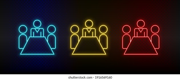 Neon icon set business meeting, conference. Set of red, blue, yellow neon vector icon