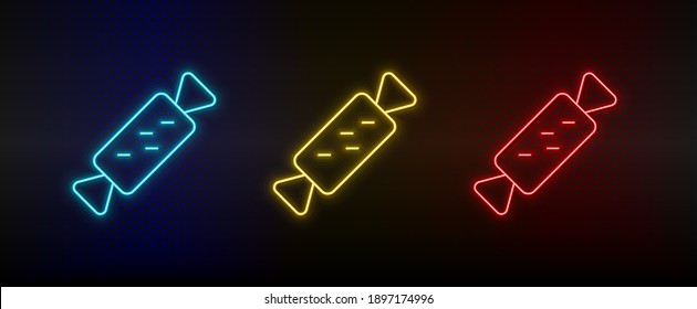 Neon icon set candy, chocolate. Set of red, blue, yellow neon vector icon