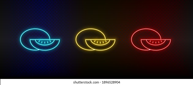 Neon icon set cantaloupe, fruit. Set of red, blue, yellow neon vector icon