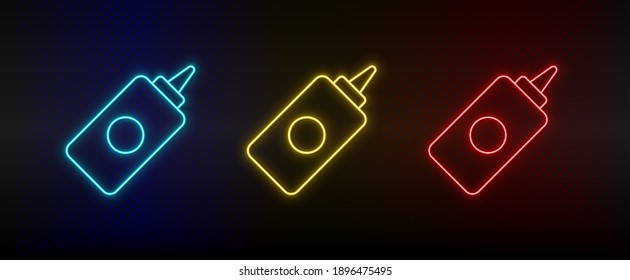 Neon icon set catsup, ketchup. Set of red, blue, yellow neon vector icon