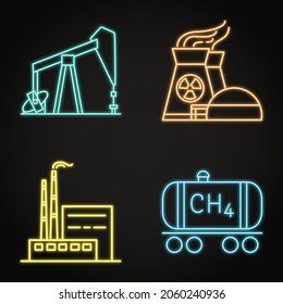 Neon icon set - causes of climate change. Oil rig, coal power plant, nuclear plant and methane gas symbols. Vector illustration.