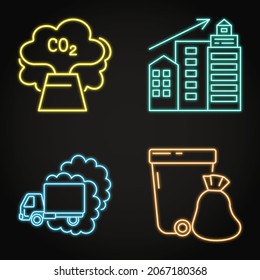 Conjunto de iconos neones - causas del cambio climático. Emisiones de carbono, contaminación del aire, urbanización y símbolos de basura de la ciudad. Ilustración vectorial.