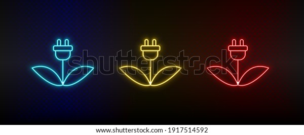 Neon icon set charging, eco, plants. Set of\
red, blue, yellow neon vector\
icon