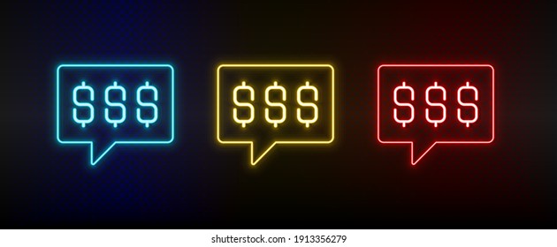 Icono de Neon establece el chat, burbuja de chat, dólares, dinero. Icono de vector de neón rojo, azul, amarillo